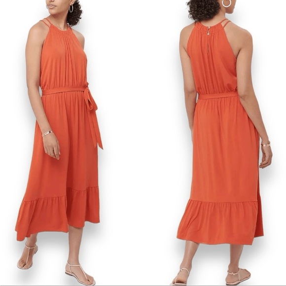 LOFT Dresses & Skirts - LOFT Coral-Orange Halter Midi Dress with Tie Waist